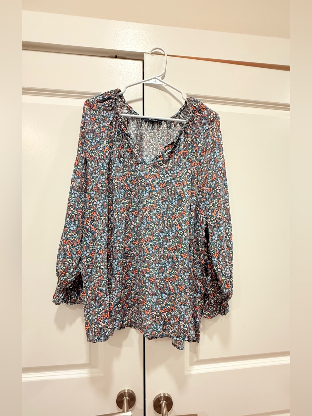 Angels Navy Floral V-Neck Blouse with Coral and Light Blue Accents